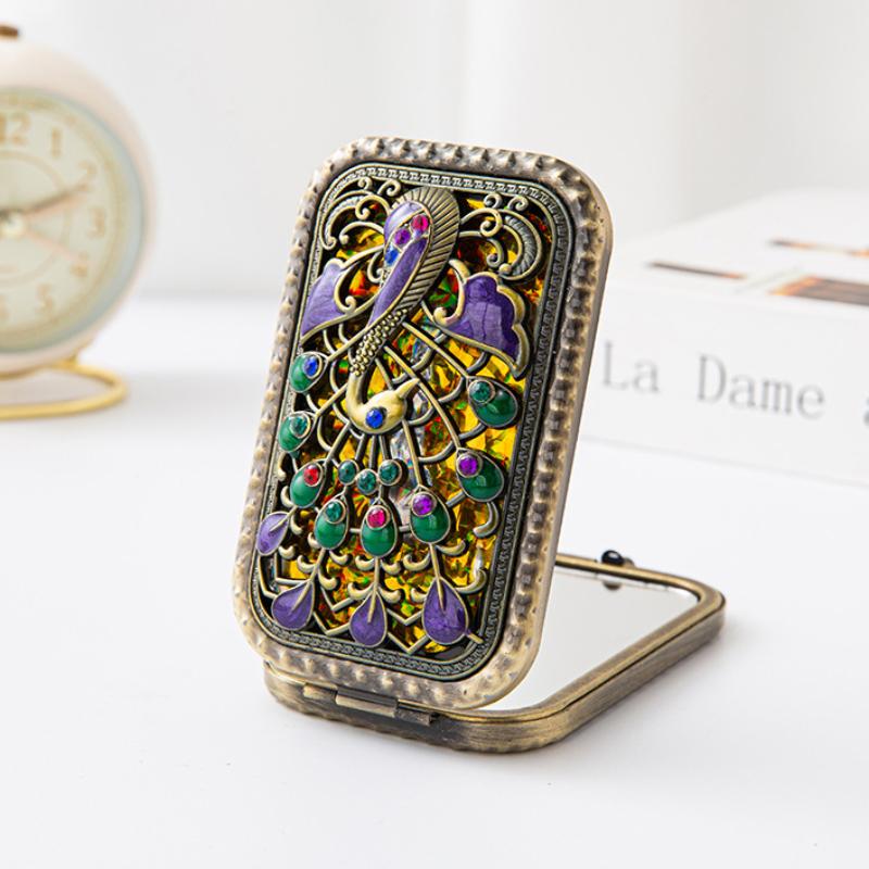 Foldable Retro Handheld Makeup Mirror Peacock Printed Compact Pocket Mirror Double Sided Rectangular Makeup Dressing Mirror