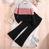 Meisjes Europees-Amerikaanse Kleurblok Ribgebreide Top met Lange Mouwen & Wijde Broek Set - Herfst/Winter Nieuwe Collectie voor Grote Kinderen