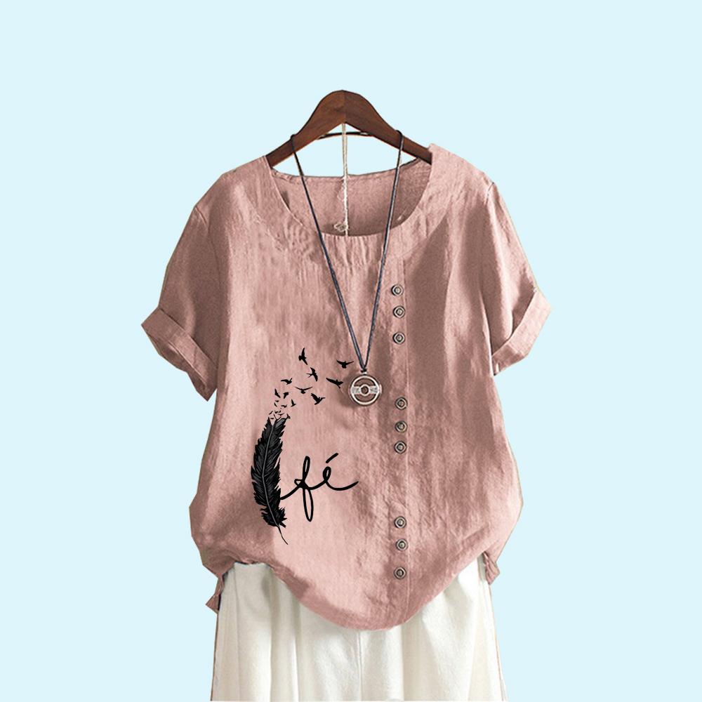 Women Fashion Print Short Sleeve Blouse Summer Casual Round Collar Cotton Linen T-shirt Pullover Loose Top