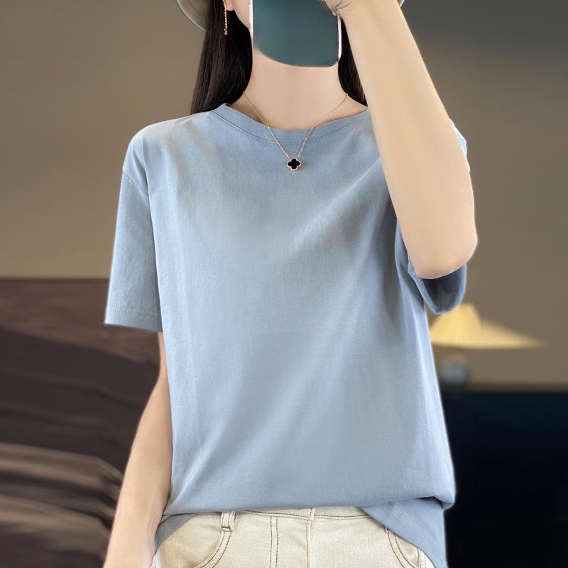 VEZFAA Women's Fashion Summer Spring Casual Solid Color Print Short Sleeve O-Neck T-shirts and Tops