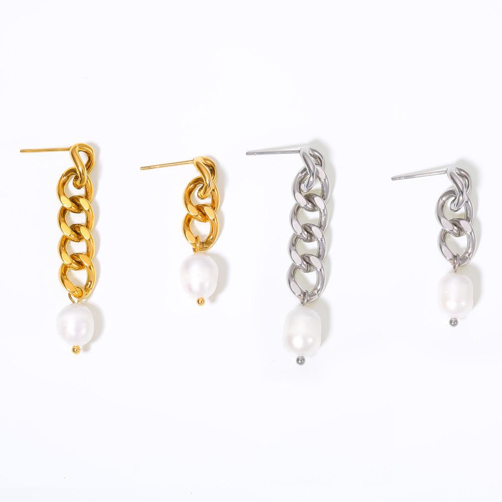 New Long And Short Chain Fringed Stud Earrings Elegant And Simple Temperament Titanium Steel Gold-Plated Freshwater Pearl Earrings