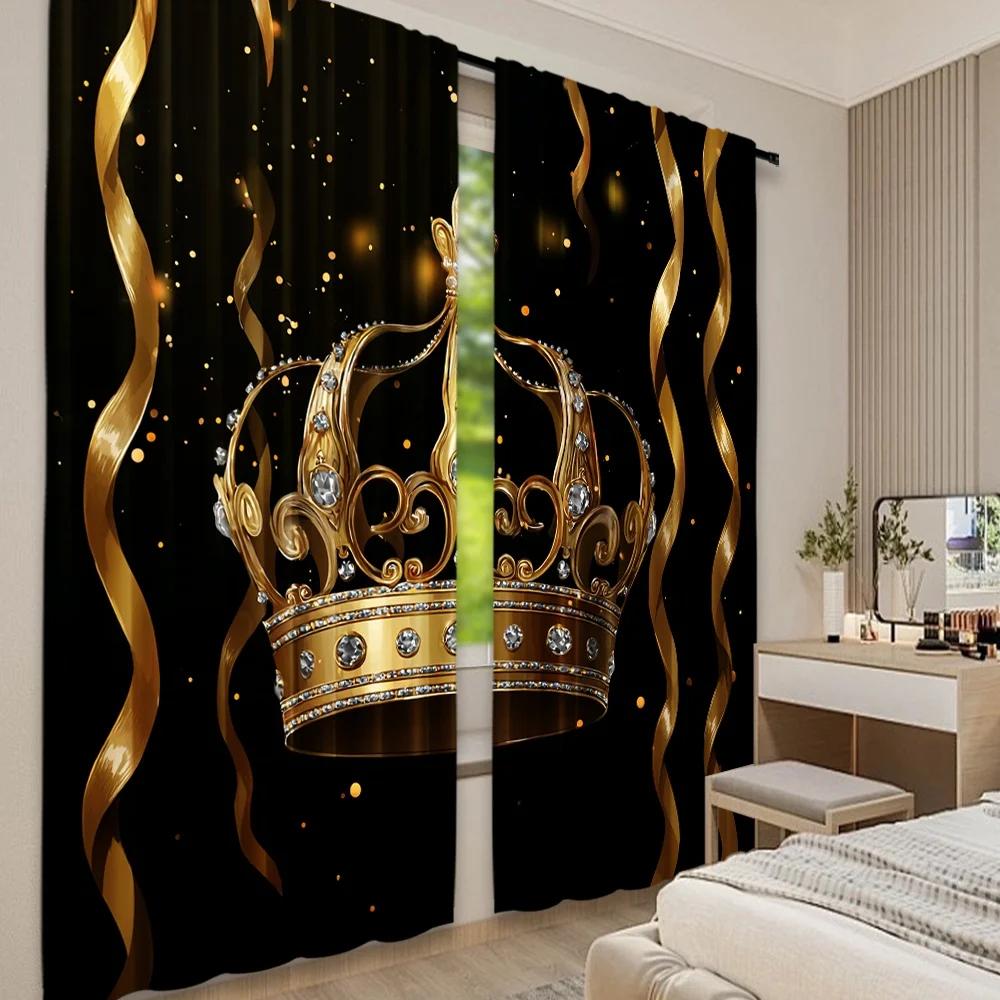 Set Of 2 Flat Printing Scene Curtain Golden Royal Crown Digital Printed Polyester Drapes Family Party Decoration Living Room Curtains Made Great