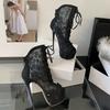 Fashion 17cm Ultra High Heels Sexy Peep Toe Lace-up Women Ankle Boots Fashion Sequined Air Mesh Platform Wedges Party Prom Boots Shoes
