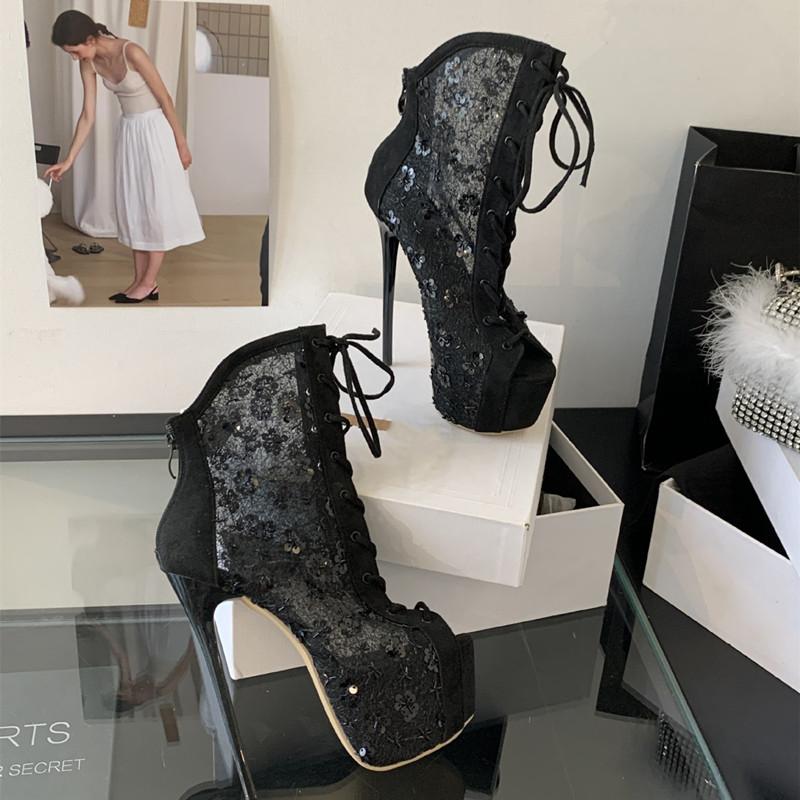 Fashion 17cm Ultra High Heels Sexy Peep Toe Lace-up Women Ankle Boots Fashion Sequined Air Mesh Platform Wedges Party Prom Boots Shoes