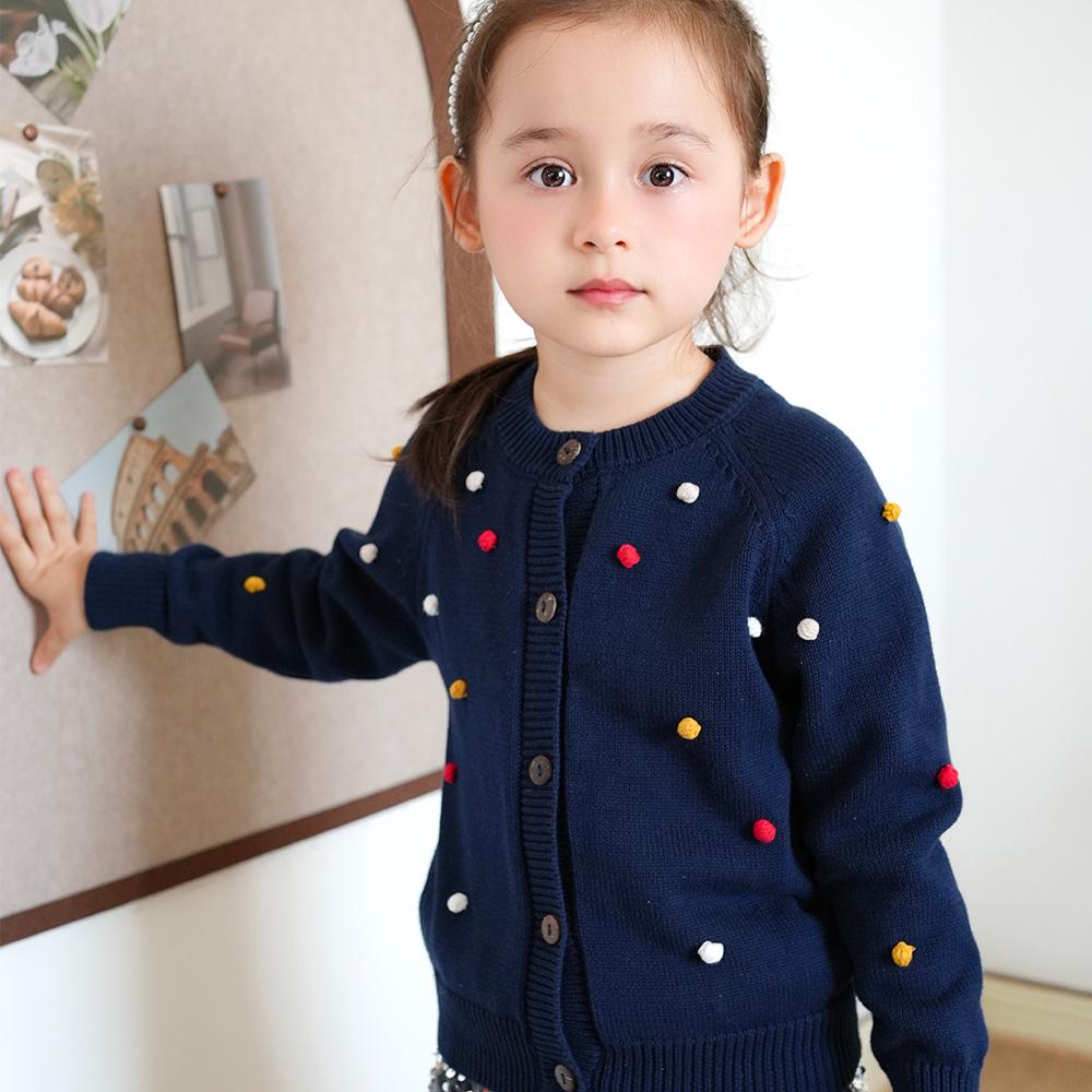 Hand-Crocheted Spring & Autumn Colorful Pom-Pom Girl's Cotton Cardigan