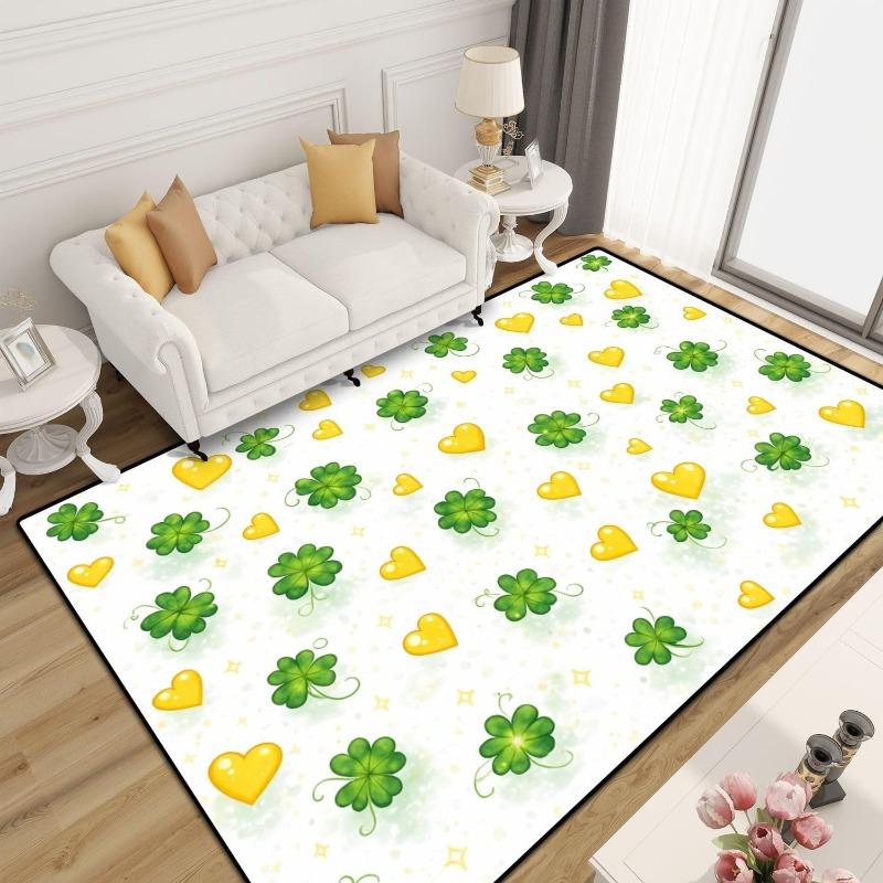 St Patricks Day Clover Rug Irish Green Geometric Print Shamrock Leaf Decor Carpet Soft Non-Slip Living Room Holiday Floor Mat