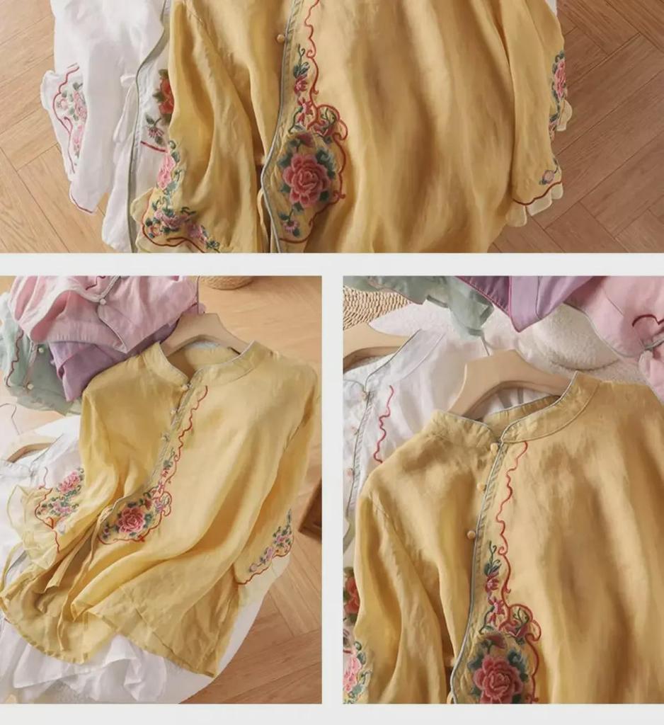 Women's Ethnic Embroidered Cotton-Linen Shirt, Oblique Collar, 3/4 Sleeves, Retro Literary Summer Tea Dress.