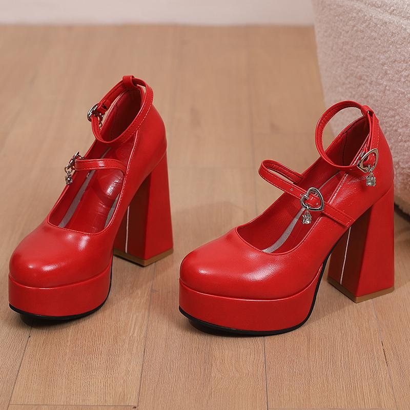 Q/Scarpe singole con tacco alto da donna Primavera/Estate Nuovo colore solido Piattaforma impermeabile Tacco spesso Bocca bassa Scarpe basse di grandi dimensioni