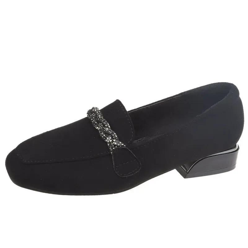 Damen Wildleder Flache Einzelne Schuhe Frühling Neue Mode Damen Quadratische Zehenpartie Weiche Sohle Loafer Vielseitig zum Hineinschlüpfen Schwarze Abriebfeste Schuhe