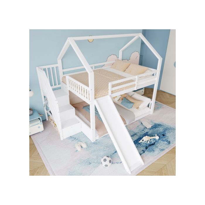 Patrová postel s úložným žebříkem a skluzavkou, přistýlka (bez matrace) 140x200cm, bílý