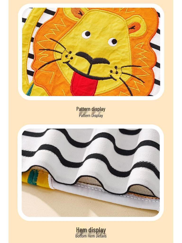 2025 Autumn/Winter Children's Long-Sleeve T-Shirt with Cartoon Lion Embroidery and Floral Design