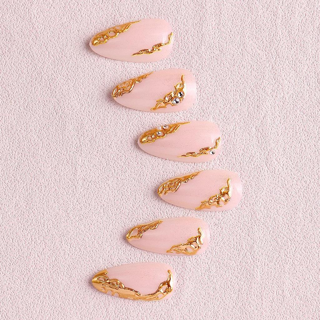 European Soft Pink Almond 3D Starfish Gold Foil Shell Textured Wearable False Nails with Nail Art Stickers