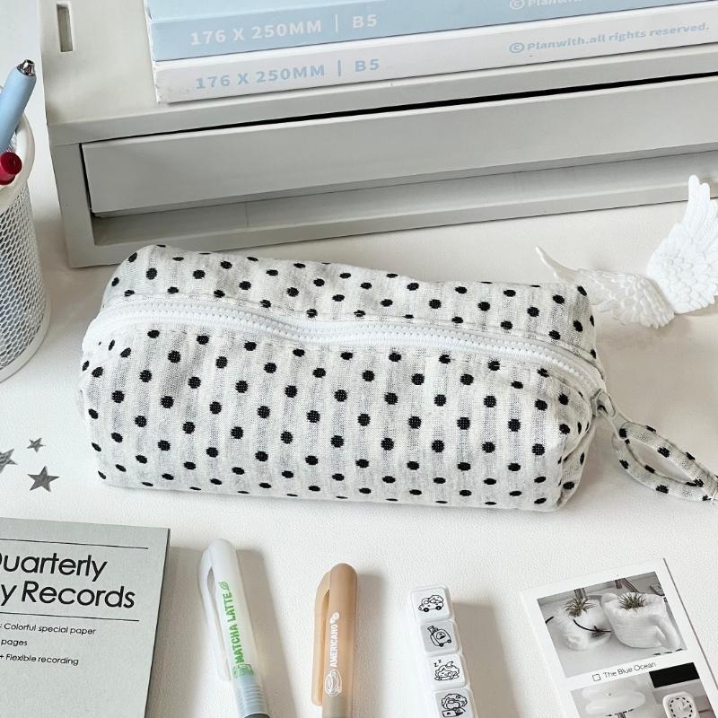 Portable Soft Grey Polka Dot Canvas Pencil Case Large Capacity Smooth Zipper For Students School Office Daily Stationery Storage