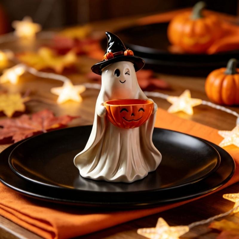 Halloween Tabletop Ghostly Decors With Pumpkin Candy Bowl, Resin Figurine for Entryway Mantels Shelf and Party Table Styling