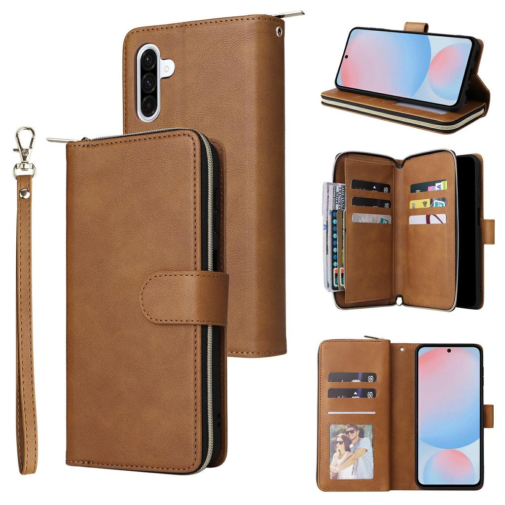 For Samsung Galaxy A37 5G Case Zipper Pocket 9 Card Slots PU Leather Phone Cover with Hand Strap