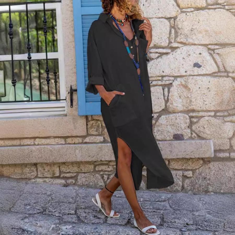 Rochie ocazională cu mâneci lungi și decolteu în V pentru femei, de culoare uni, rochie lungă, lungă, cămașă din bumbac, cu buzunar