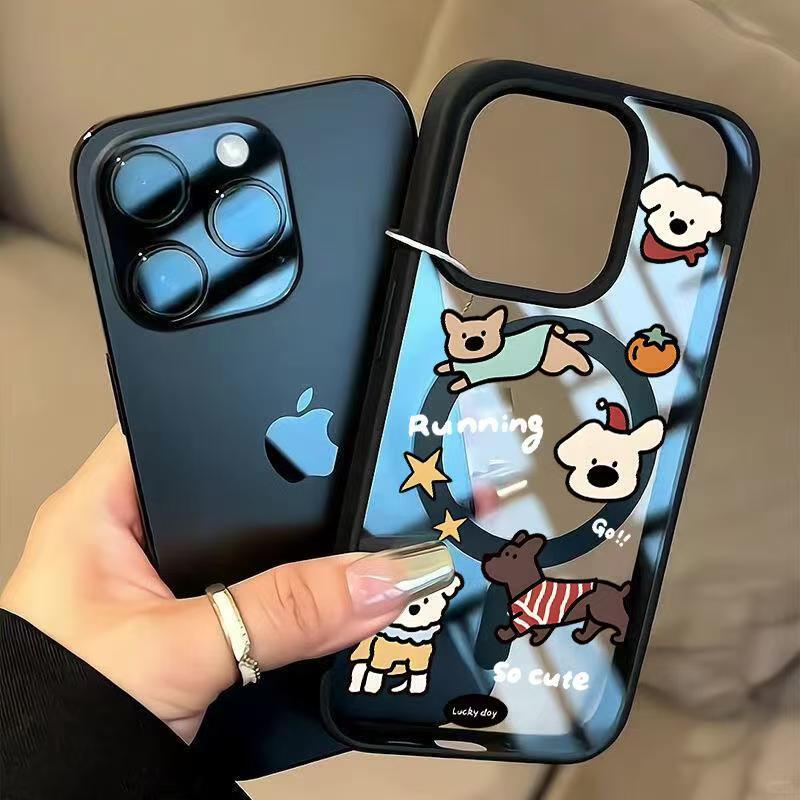 Black Frame Magnetic Suction Acrylic Cartoon Dog Clothing for Apple 17 Pro, 13 Pro Max, and 14