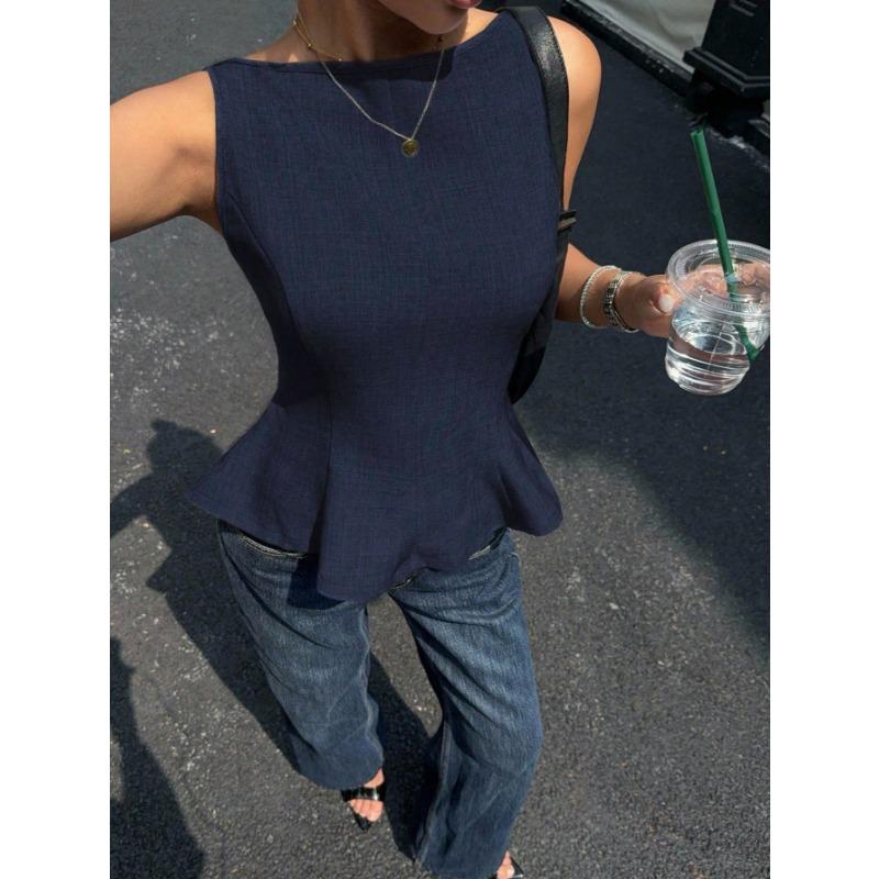 Ruffled Hem Backless Bow Tie Commuting Versatile Sleeveless Waist Top for Women