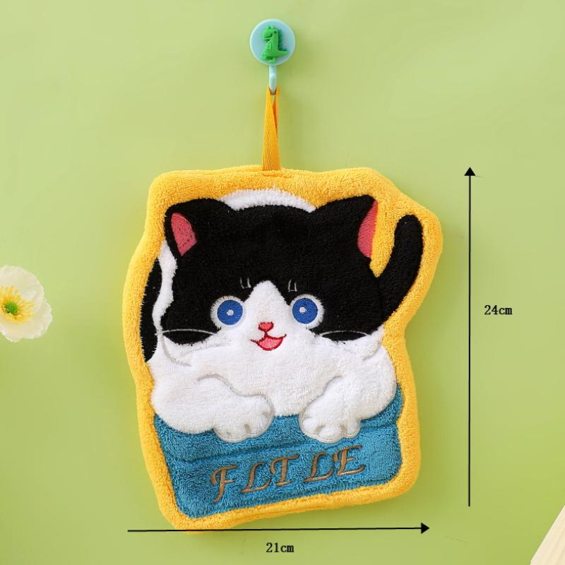 Cartoon Coral Velvet Hand Towel For Kitchen Kawaii Cat Hand Wipe Cleaning Cloth Bathroom Hanging Towel Absorbent Clean Rag