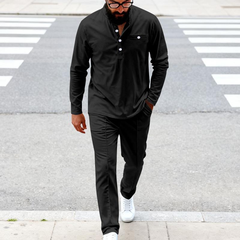 Spring and Autumn Men's Loose Retro Simple Commuting Casual Henley Shirt Long Sleeve Pants Suit