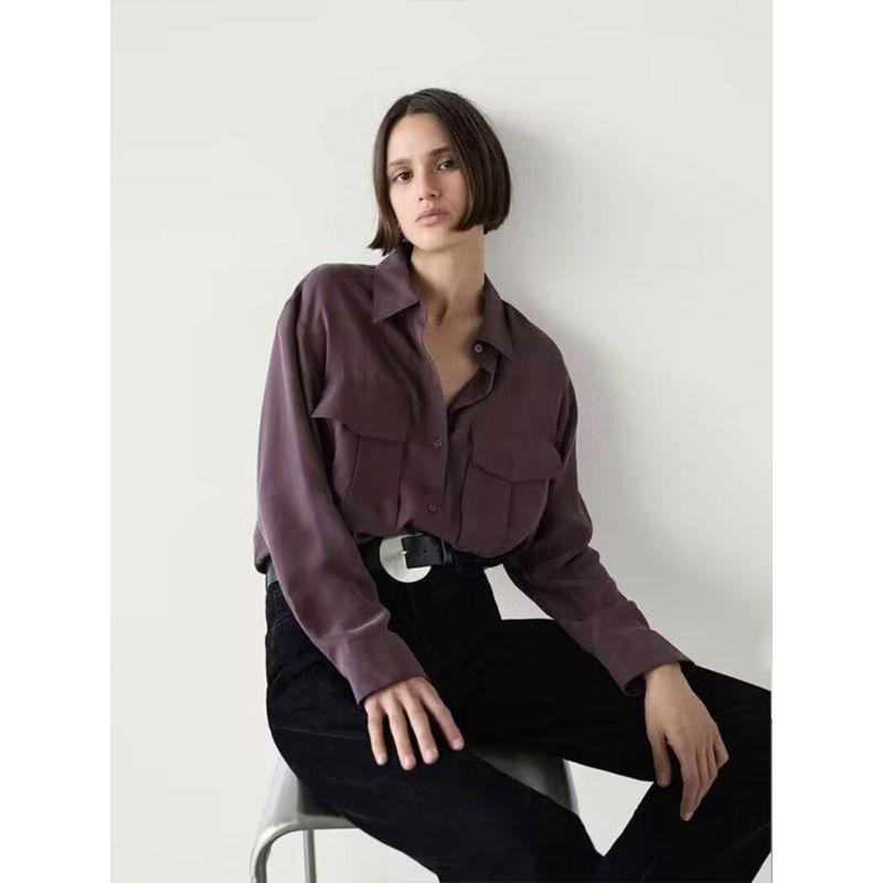 MD Women's French Style Young Commute Style Fancy Purple Silk Satin Texture Long Sleeves Shirt 05196670611