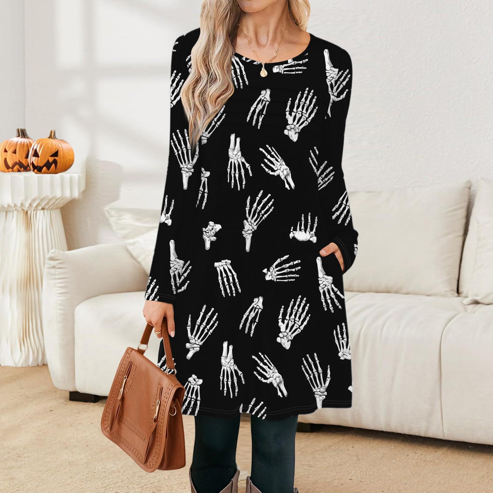 

Женские повседневные модные платья с длинным рукавом, винтажные, с принтом графики на Хэллоуин и карманами XXL