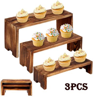 3Pcs Wood Display Stand Rectangle Wooden Riser Display Shelf Organizer Dessert Figurines Perfume Jewelry Ladder Organizer Shelf