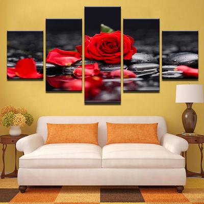 Wandkunst, Leinwandgemälde, modular, 5-teilig, HD-Druck, schwarze Kieselsteine, rote Rose, Blumen-Poster, Bilder, Dekor, Zuhause, Schlafzimmer, ohne Rahmen
