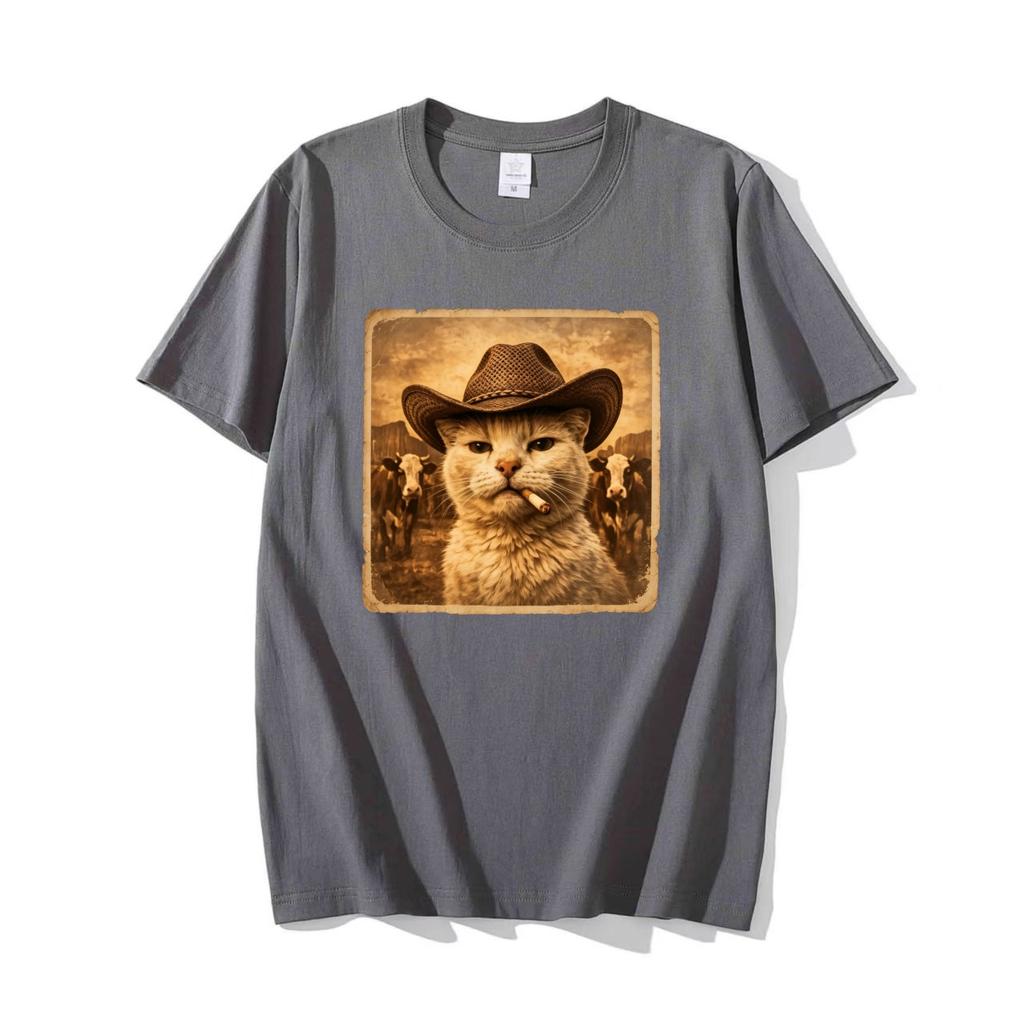 Funny Cowboy Cat Meme T Shirt Unisex Western Graphic Tee Weird Cat Lover Tshirts Retro Meme T Shirts Casual Round Neck Printed Tops