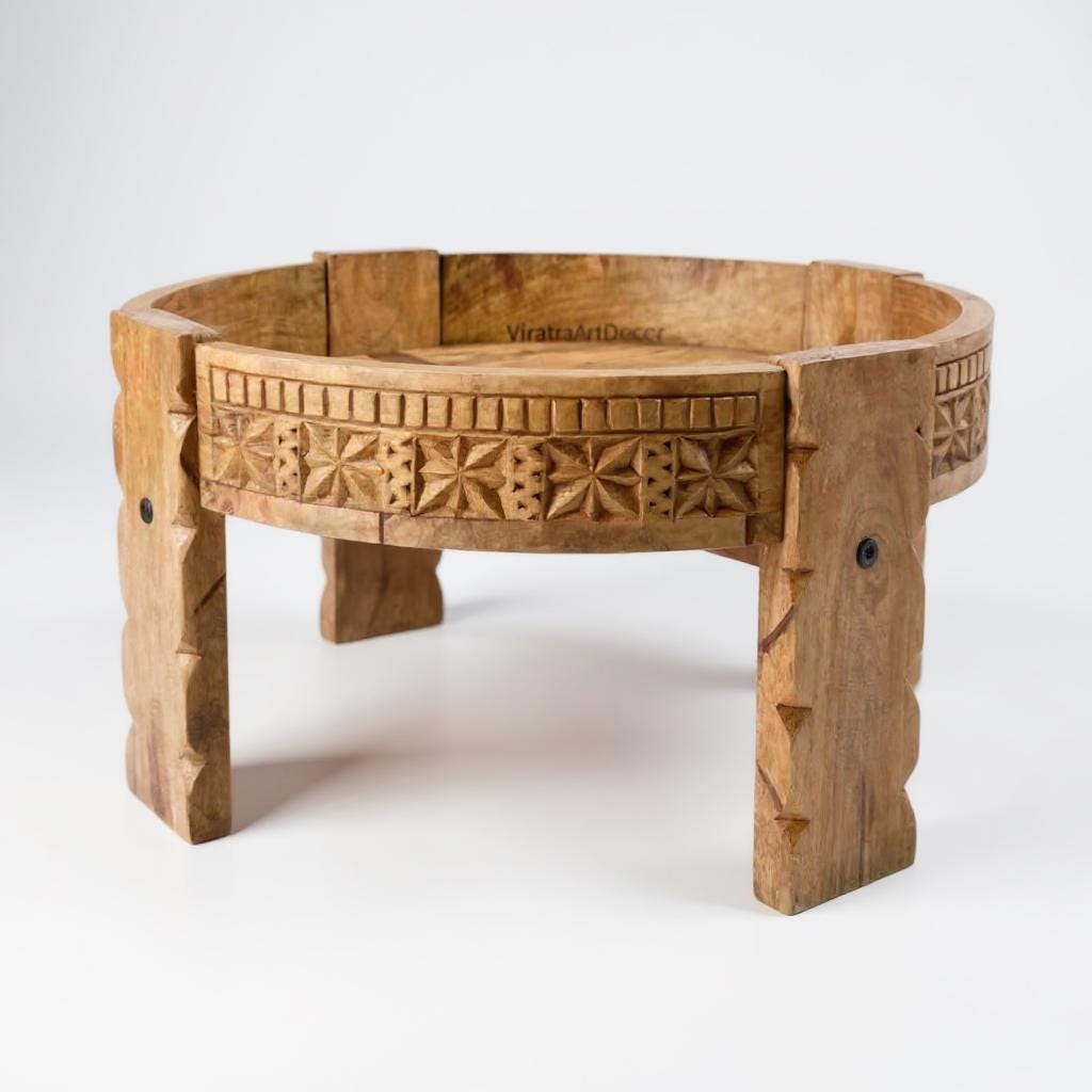 Hand-Carved Wooden Chakki Grinder End Table Round Indian Chowki Stool | Low Stool or Pooja Table Solid Mango Wood Decor Stand Furniture