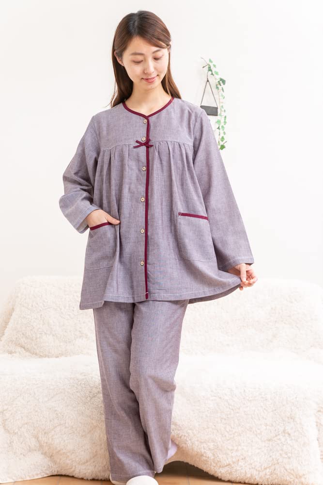 Eye Cotton Double Gauze Long Sizes 33033 K's Women's 100% Open-Front Pajamas, Sleeve, S/M/L/LL/3L, (Brown, M)