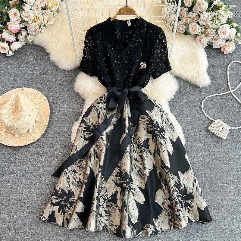 

Summer French Style Lace A- line Jacquard Dress Short Sleeve Black S