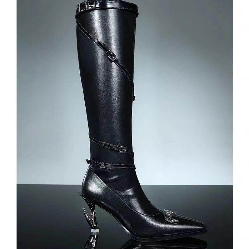 Fashion 2025 Long Boots Special Shaped Stiletto Heel Pointed Toe Women's Leather Boots High Boots Fashion