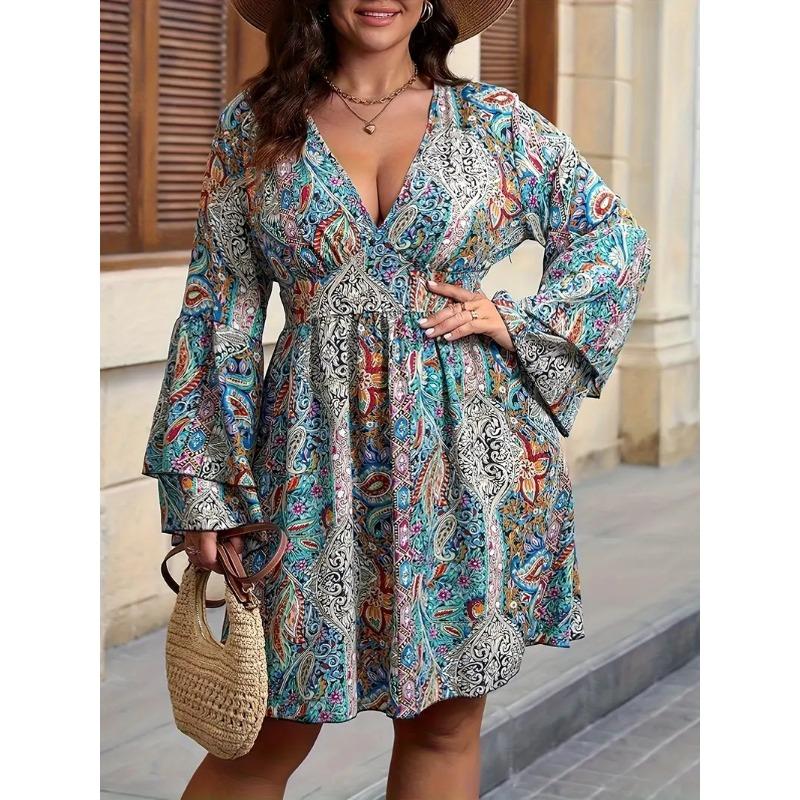 

Плюс Размер Женщин Модный Принт V-образный Вырез Длинный Рукав Расклешенный Рукав Платье 4XL разноцветный