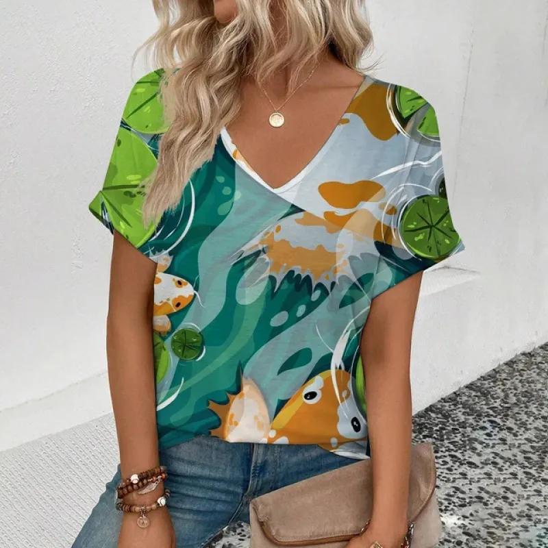 

Модная художественная футболка с фрагментированным цветочным узором для отдыха, элегантная футболка с короткими рукавами и v-образным вырезом, 2024 летняя повседневная футболка большого размера 6XL