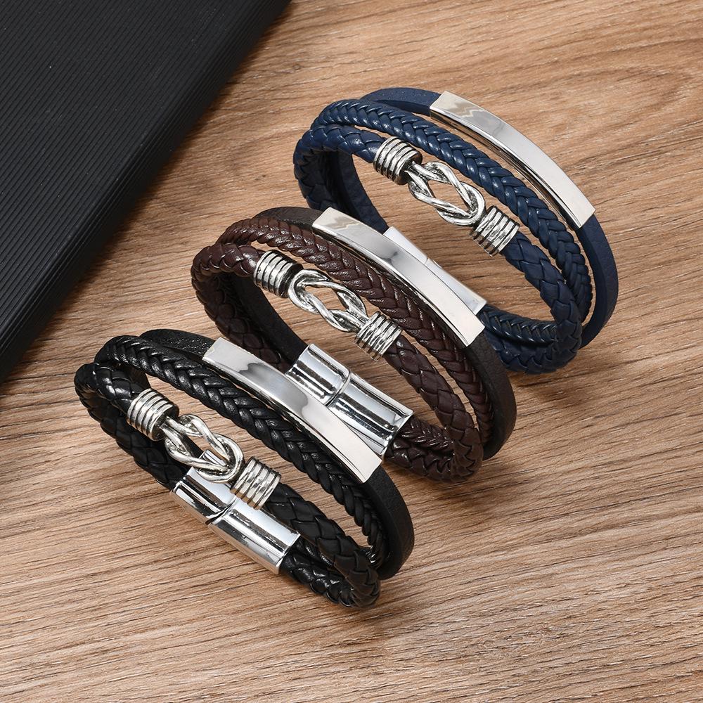 Retro Curved Tube Stainless Steel Layered Punk Knotted Men's Leather Bracelet