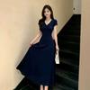 Huge Good-looking Waist Pinched French V-neck Blue Dress Children's Summer New Models Are Popular This Year, Beautiful Long Skirts