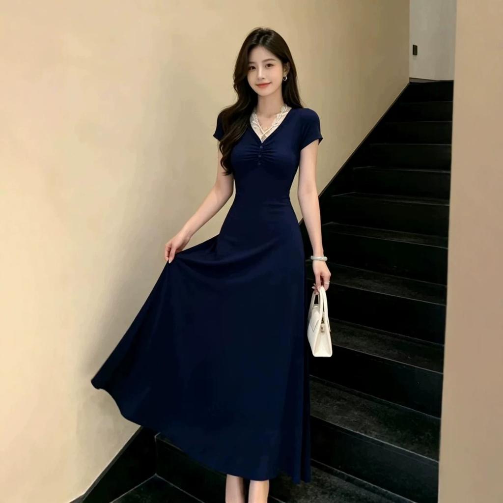 Huge Good-looking Waist Pinched French V-neck Blue Dress Children's Summer New Models Are Popular This Year, Beautiful Long Skirts