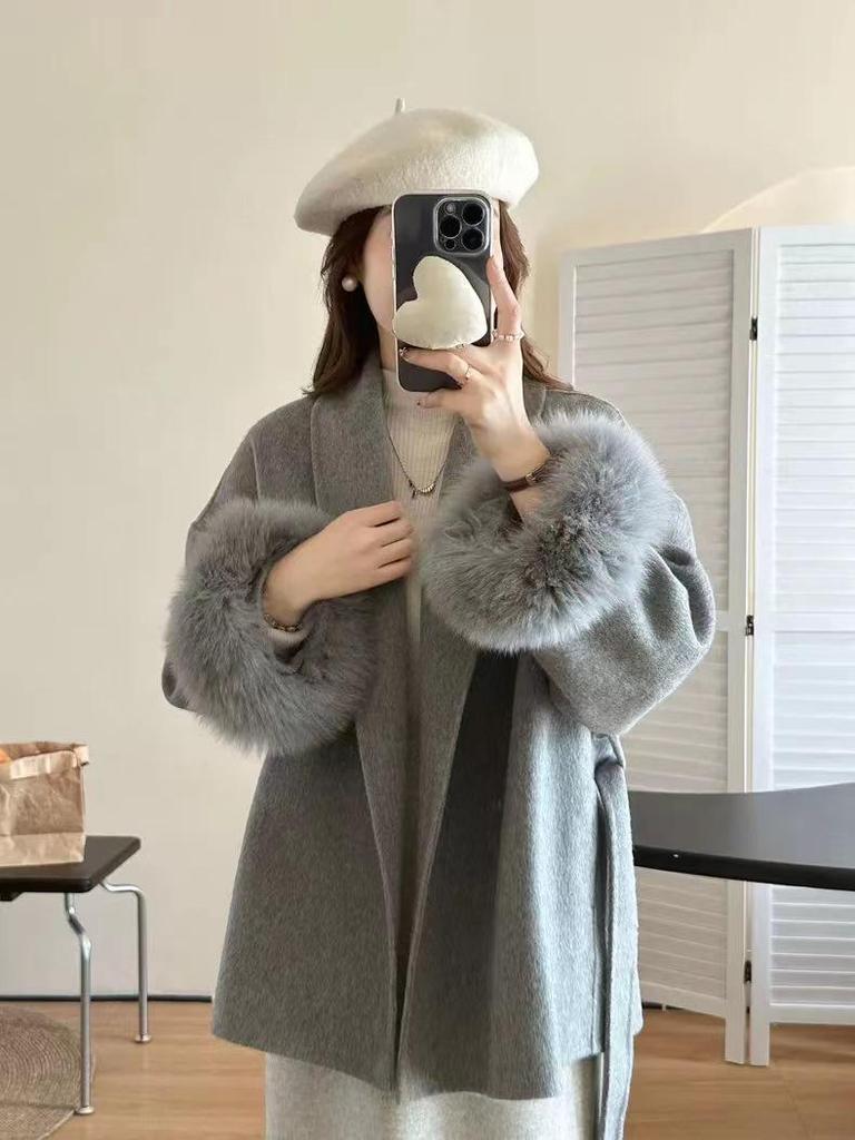 Fox Fur Cuff Woolen Coat - Women's Winter Slimming Style
