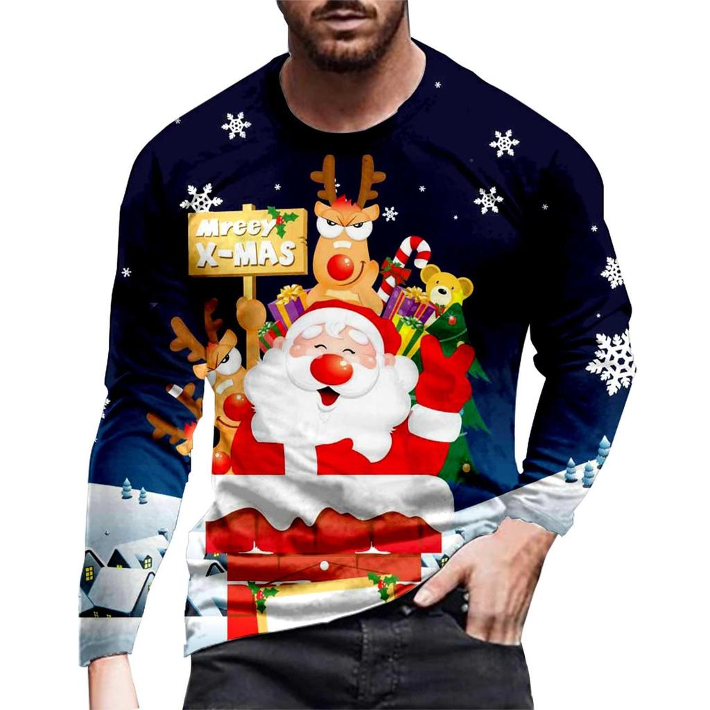 Men's Long Sleeve 3D Printed Santa Claus Cartoon Printed Tops Christmas Party Casual Men's Fashion Round Neck Long Sleeve