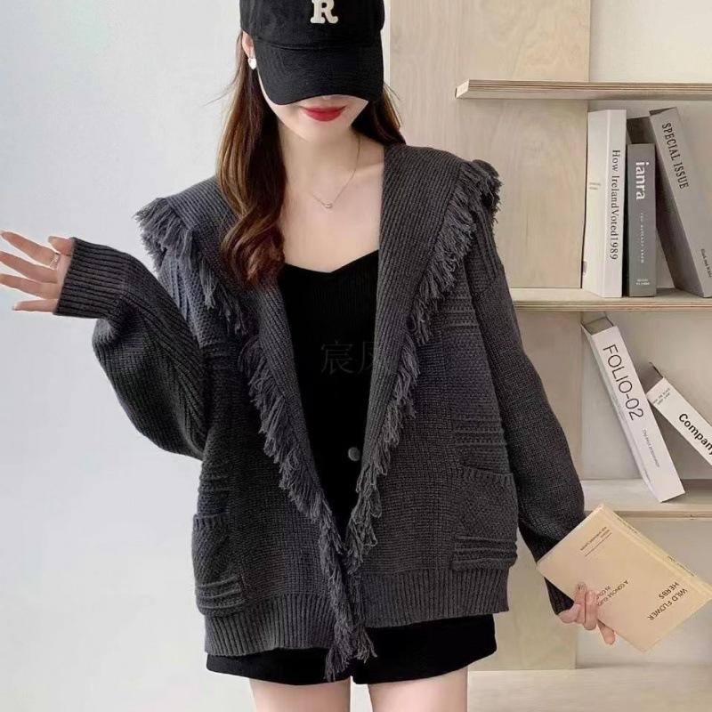 Design Sense Navy Collar Fringed Cape Thickened Sweater Cardigan Women's Autumn and Winter Loose Lazy Style Thin Knitted Jacket