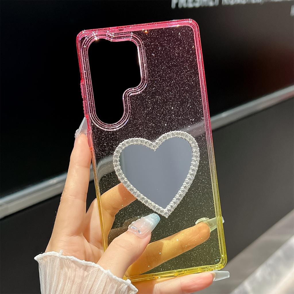 For Samsung Galaxy S25 Ultra Case Glitter Dual Color PC+TPU Clear Phone Cover with Heart-Shape Mirror