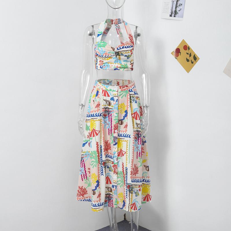 Women Sexy Printed Halter Skirt Suits Summer Sleeveless Backless Crop Top Single Breasted Split Skirts Two Piece Sets