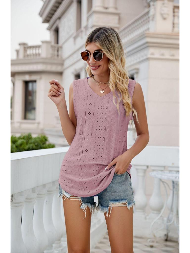 2024 European & American Women's V-Neck Hollow Out Sleeveless Casual Vest Top