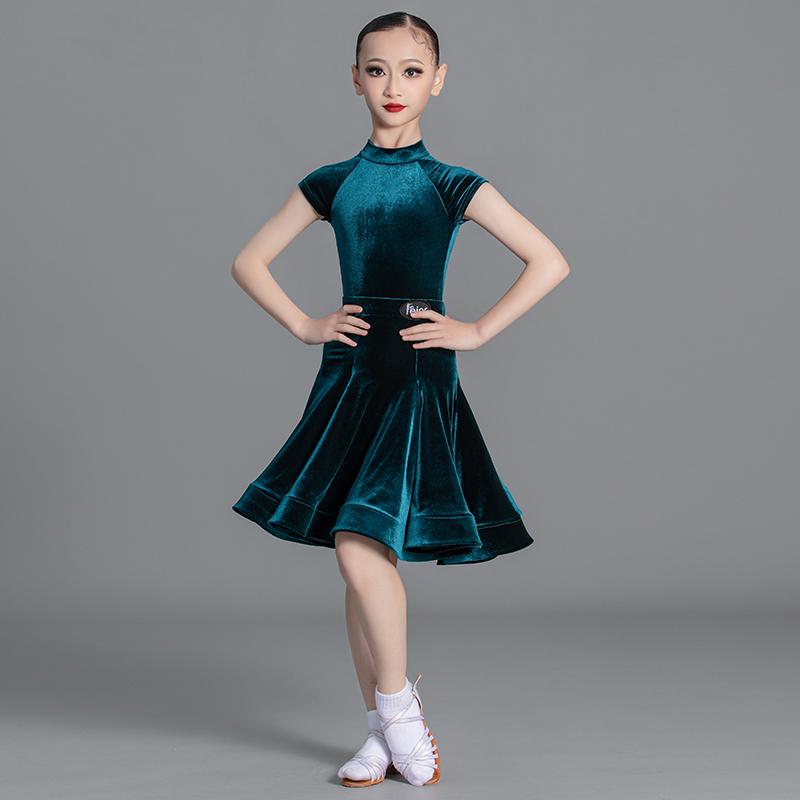 Girls' Latin Dance Velvet Competition Dress - 2025 New Style, Short-Sleeved Summer Design