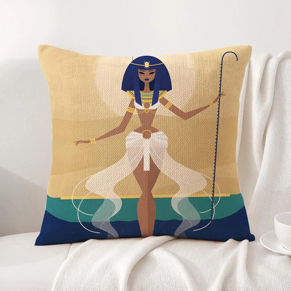 Cartoon Ancient Egyptian Cushion Cover Natural Linen Organic Fabric DoubleSided Printing Sofa Home Decor Breathable Bed Pillow