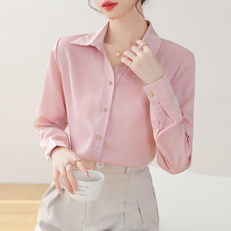 

Женские блузки, рубашки, весна 2025, женская блузка с длинным рукавом, рубашка с отложным воротником, офисная женская черная белая шифоновая блузка, рубашка, женские топы J861 XL розовый