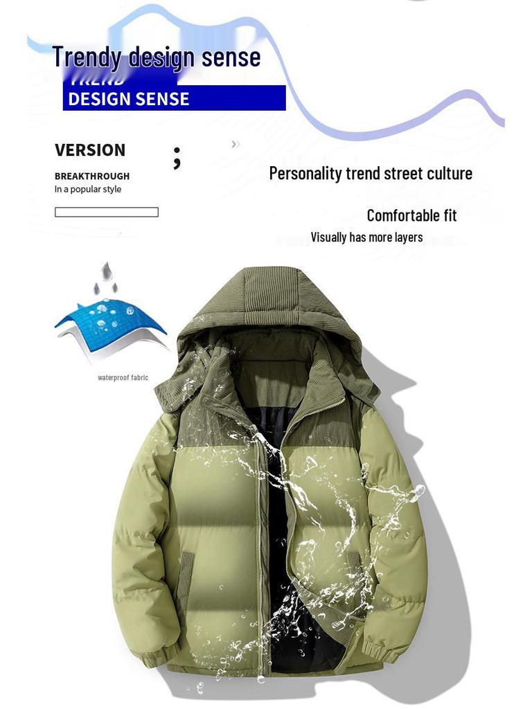 Men's Winter Corduroy Color Block Jacket - Loose Fit, Cotton-Padded Coat (Foreign Sizes)