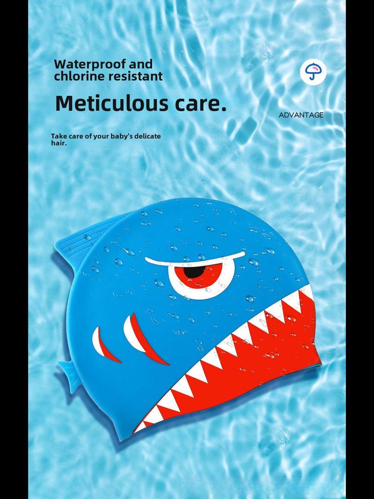 Vysoce elastické silikonové plavecké čepice pro všechny věkové kategorie - Pohodlné, netuhé s potiskem žraloka a ochranou uší pro muže, ženy a děti