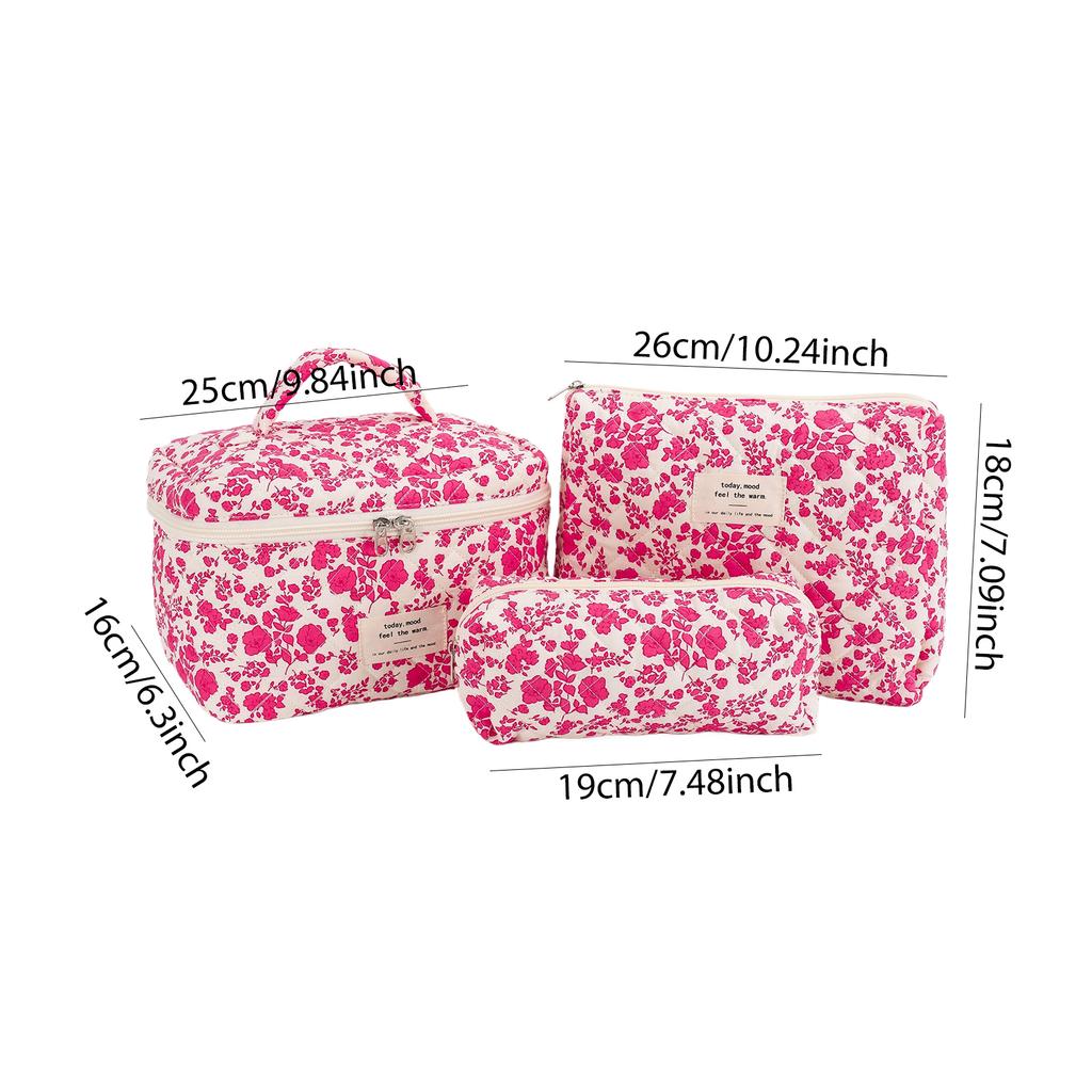 3Pcs Quilting Storage Bag Floral Printed Adorable Padding Skincare Pouch Aesthetic Toiletry Purse Bathroom Shower Travel Bag